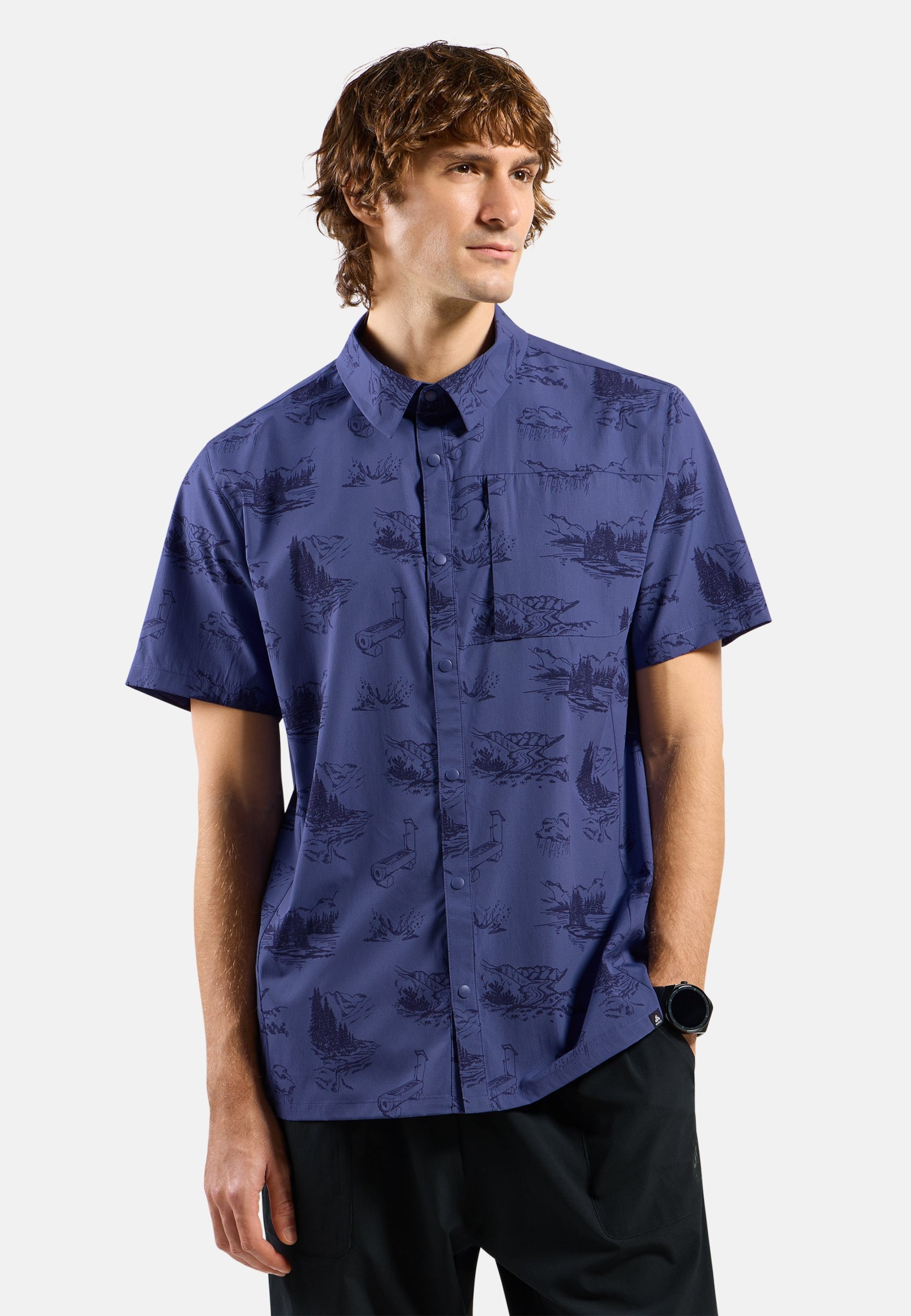 Odlo Essentials Kurzarm-Wanderhemd mit Print für Herren, M, blau