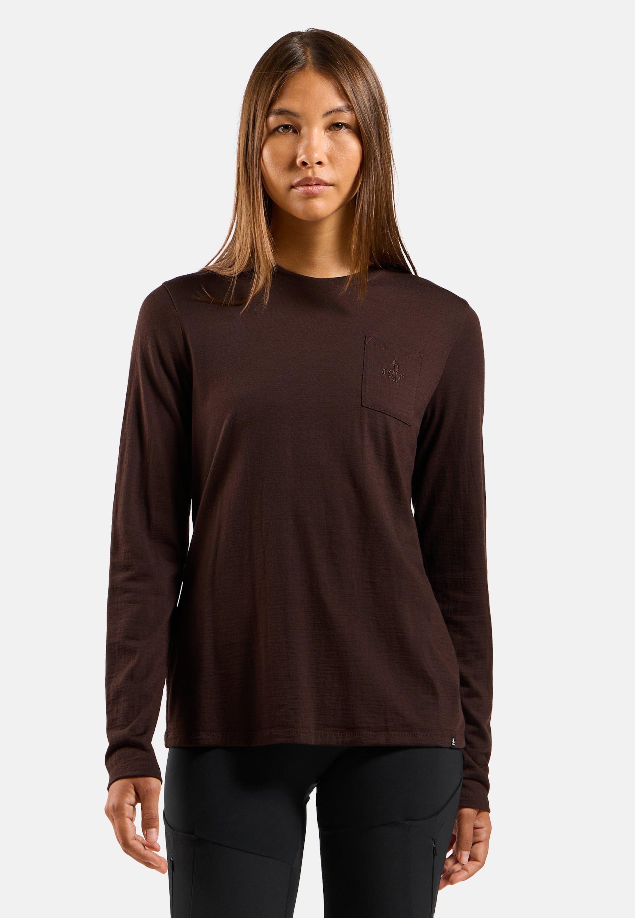 Odlo Ascent Merino 200 Langarmshirt mit Brusttasche für Damen, L, maron